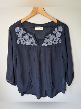 Abercrombie & Fitch Navy Beaded Embroidered Floral Semi-Sheer Peasant Blouse S